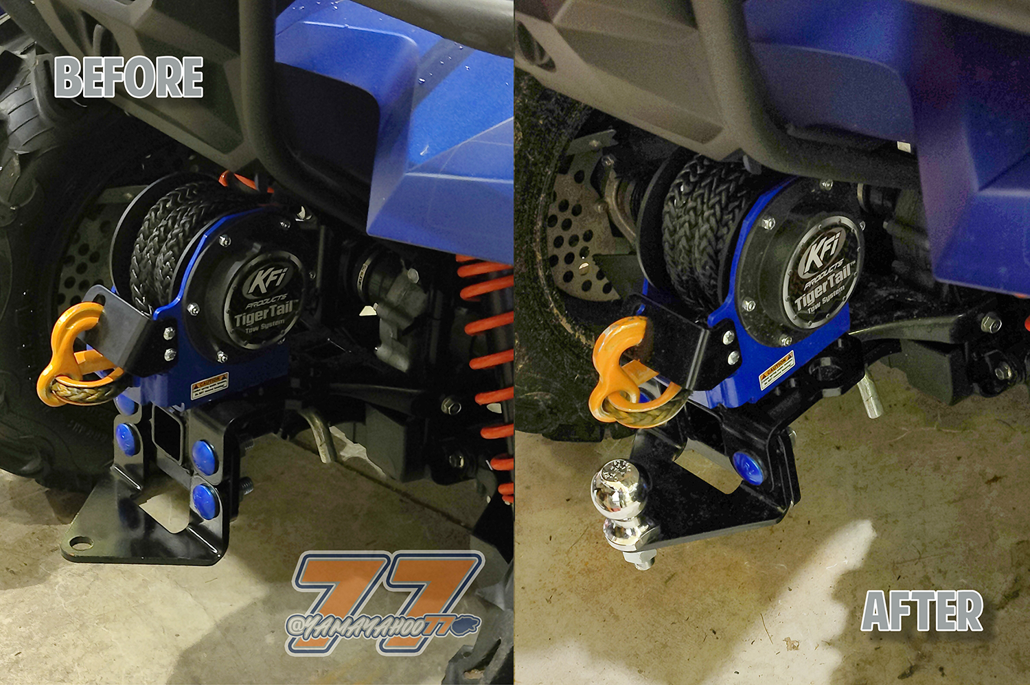 KFI Tiger Tail towing system before & after install Yamaha Grizzly 700