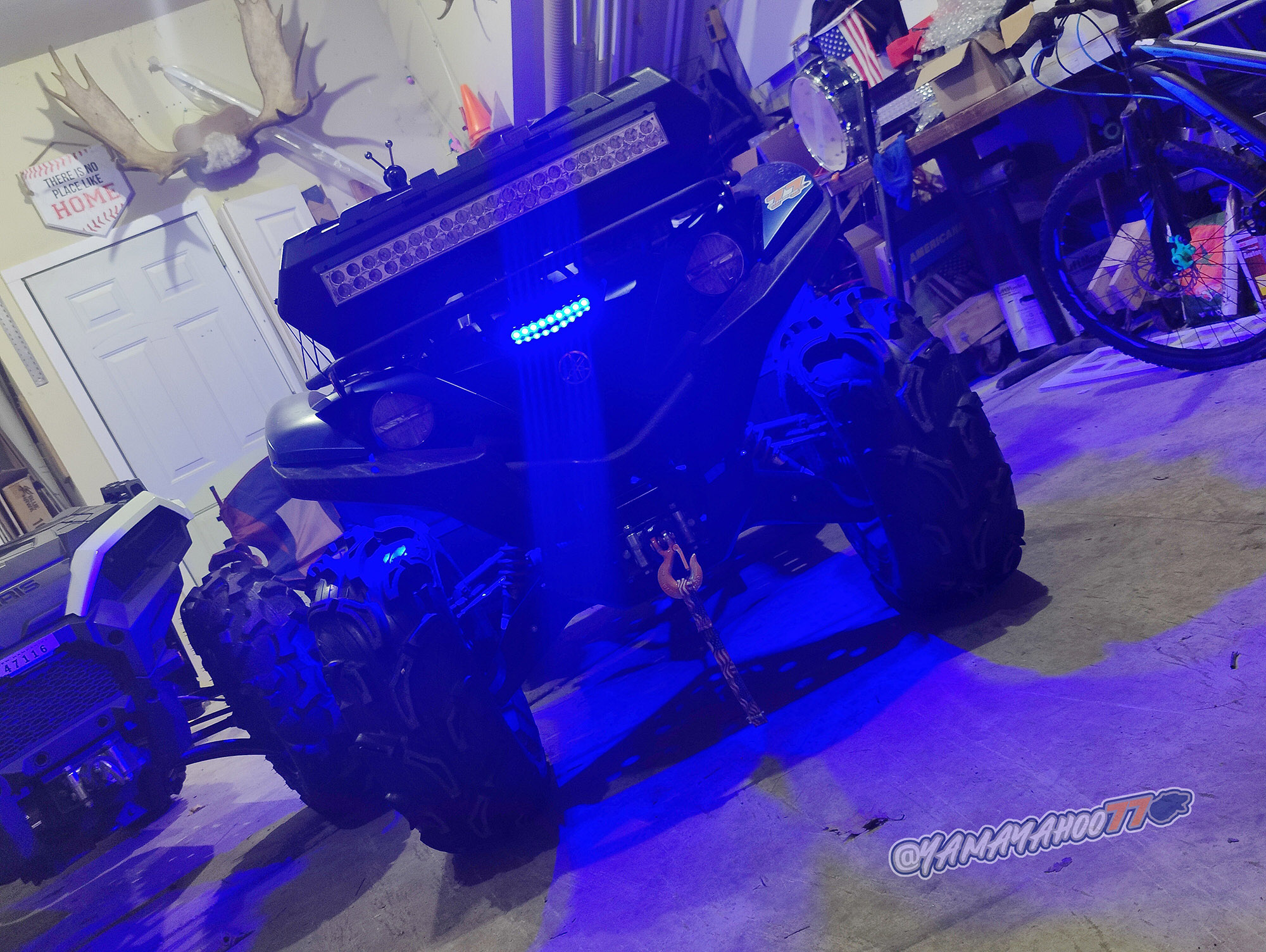 Front end of '19 Yamaha Grizzly 700 Special Edition LED bar rock light install